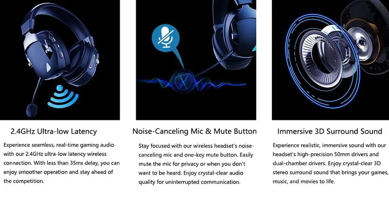 Wireless Gaming Headset – 3 Modes + Detachable Mic